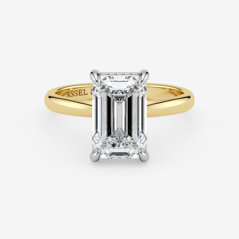 Emerald Lab Grown Diamond Classic Engagement Ring – Hidden Halo Style – Two Tone 18K – 1.82 Ct