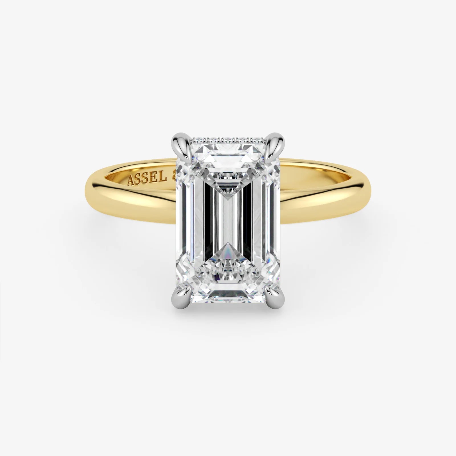 Emerald Lab Grown Diamond Classic Engagement Ring – Hidden Halo Style – Two Tone 18K – 4.6 Ct