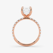 Rose gold ring with a diamond on a white background
