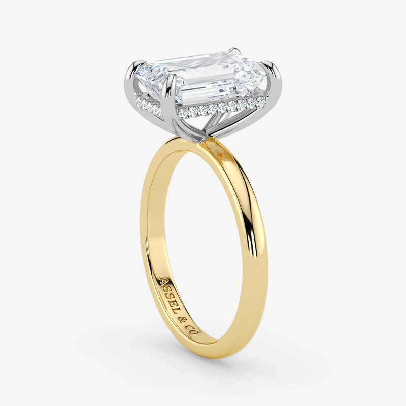 Classic Engagement Ring - Hidden Halo Style - Two Tone 18K - Emerald - 4.6 ct