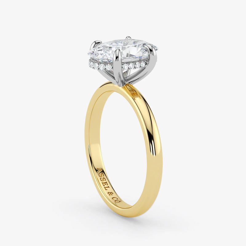 Classic Engagement Ring - Hidden Halo Style - Two Tone 18K - Oval - 4.52 Ct