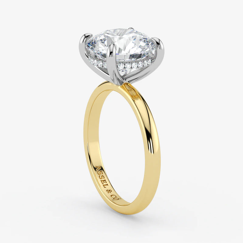 Classic Engagement Ring - Hidden Halo Style - Two Tone 18K - Round - 3.5 Ct