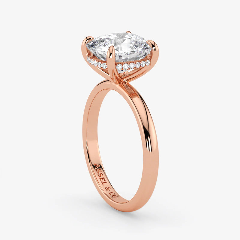 Hidden Halo cushion cut lab-grown diamond engagement ring in 18K Rose Gold