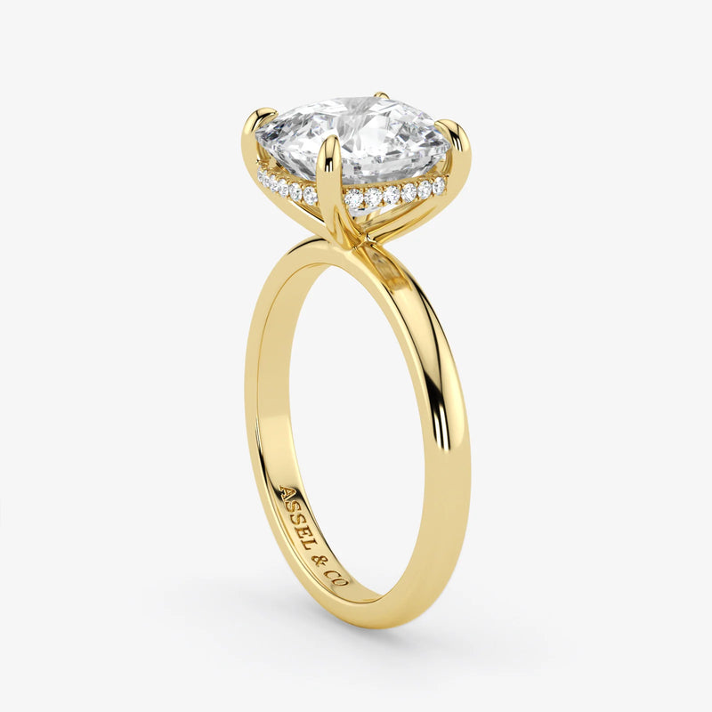 Hidden Halo cushion cut lab-grown diamond engagement ring in 18K Yellow Gold