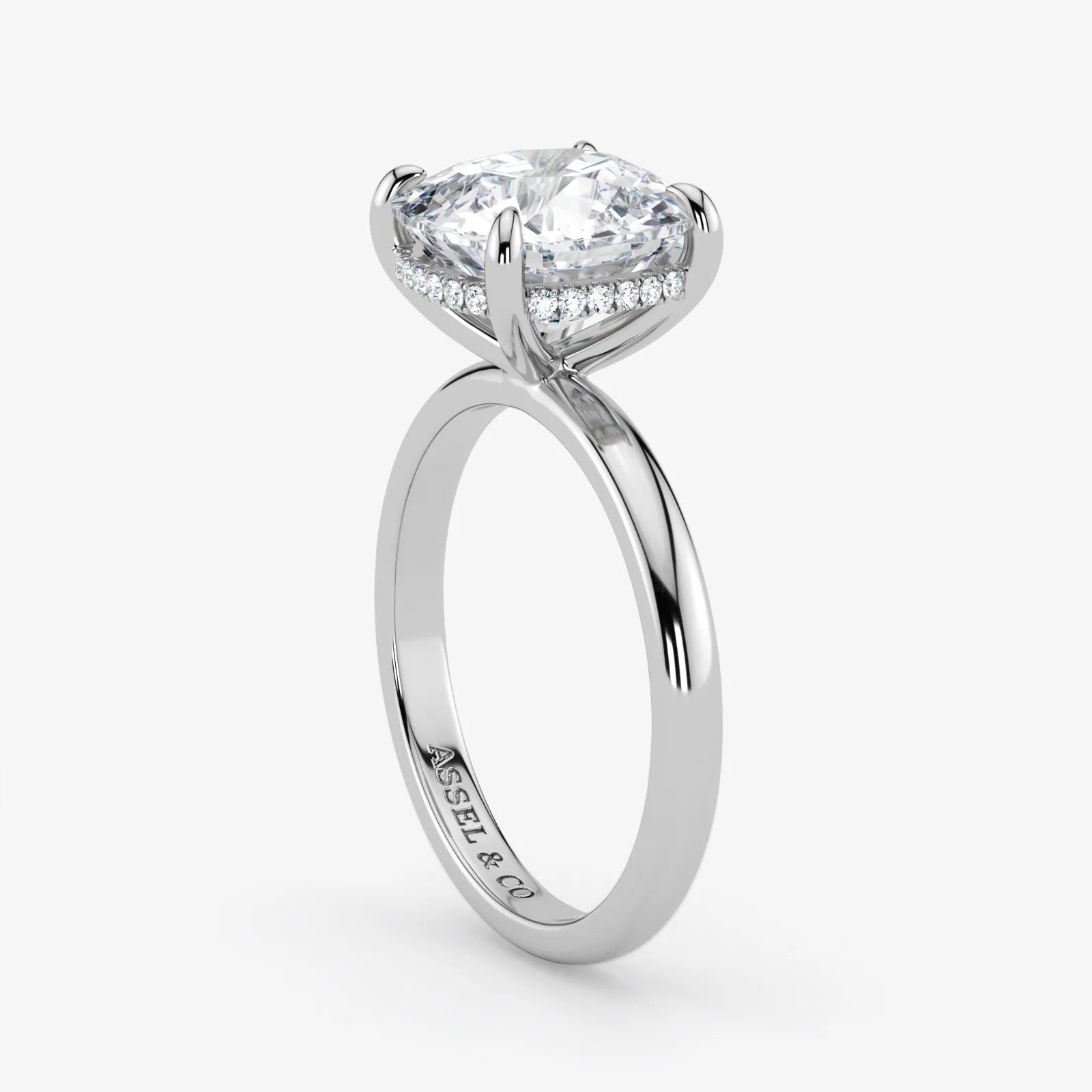 Hidden Halo cushion cut lab-grown diamond engagement ring in Platinum