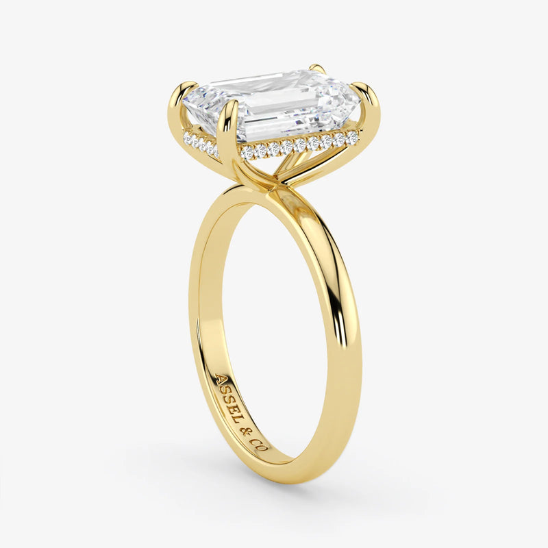 Hidden Halo emerald cut lab-grown diamond engagement ring in 18K Yellow Gold