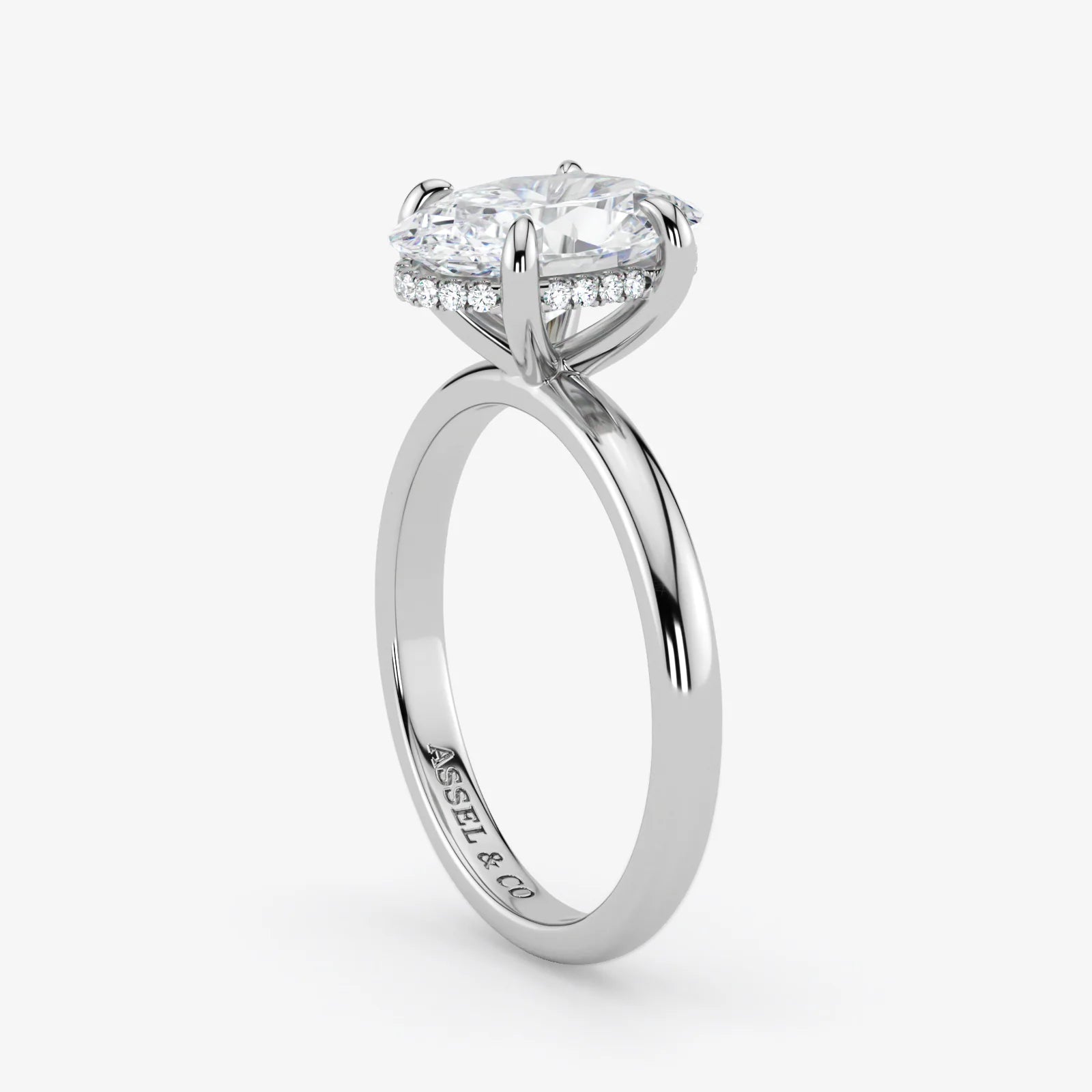 Hidden Halo oval cut lab-grown diamond engagement ring in 18K White Gold
