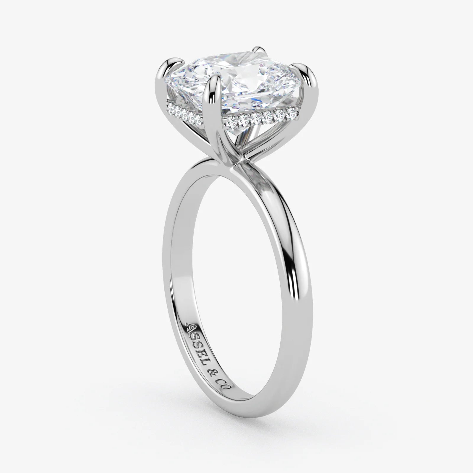 Hidden Halo radiant cut lab-grown diamond engagement ring in 18K White Gold