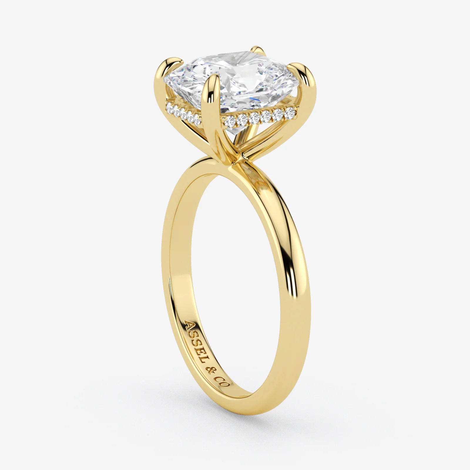 Hidden Halo radiant cut lab-grown diamond engagement ring in 18K Yellow Gold