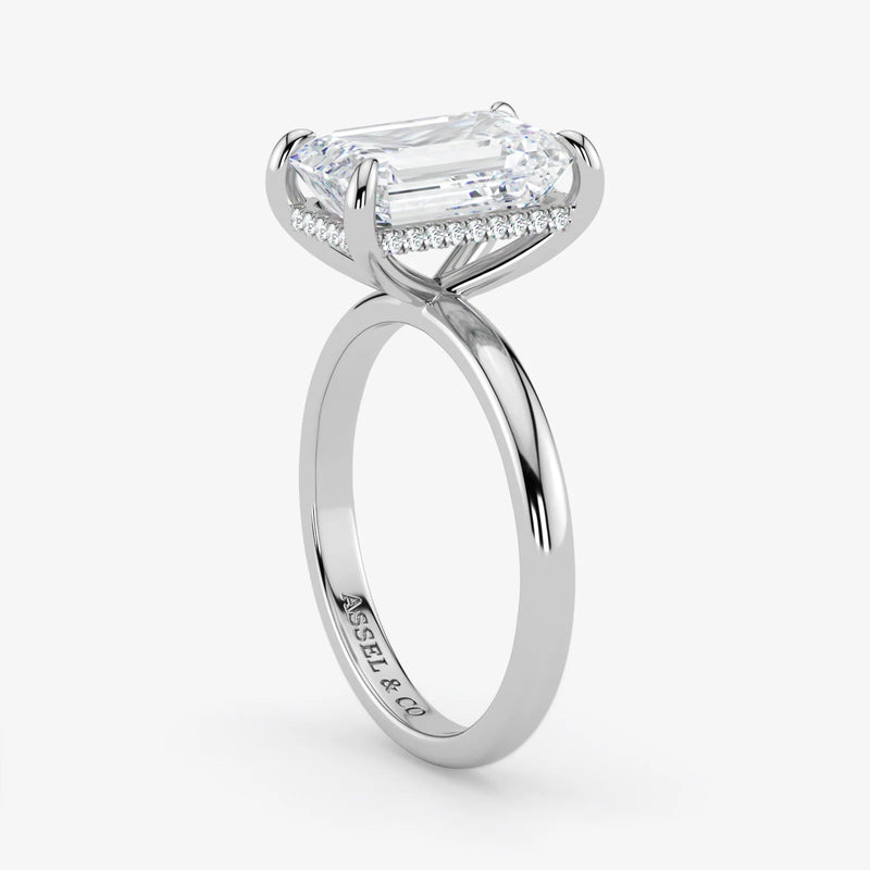 Hidden Halo emerald cut lab-grown diamond engagement ring in 18K White Gold