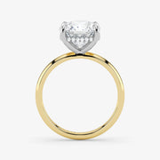 Side profile of cushion cut lab-grown diamond ring with hidden halo in 18K gold