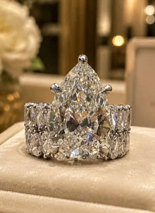 CUSTOM - 7/8 Pavé Style Lab Grown Diamond Engagement Ring in 18K White Gold - Pear Shape - US 8.5 Size, Pear Diamond 6.03 CTW, 12 CTW total