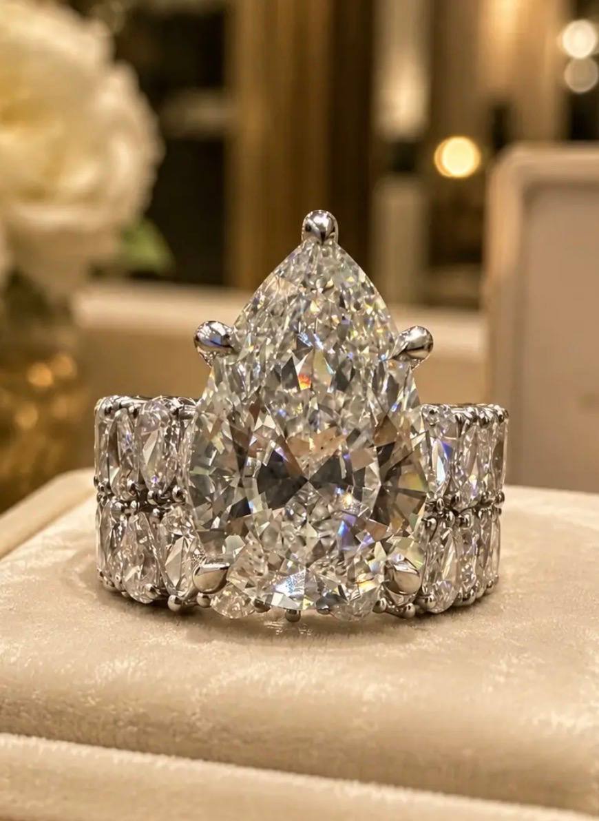 CUSTOM - 7/8 Pavé Style Lab Grown Diamond Engagement Ring in 18K White Gold - Pear Shape - US 8.5 Size, Pear Diamond 6.03 CTW, 12 CTW total